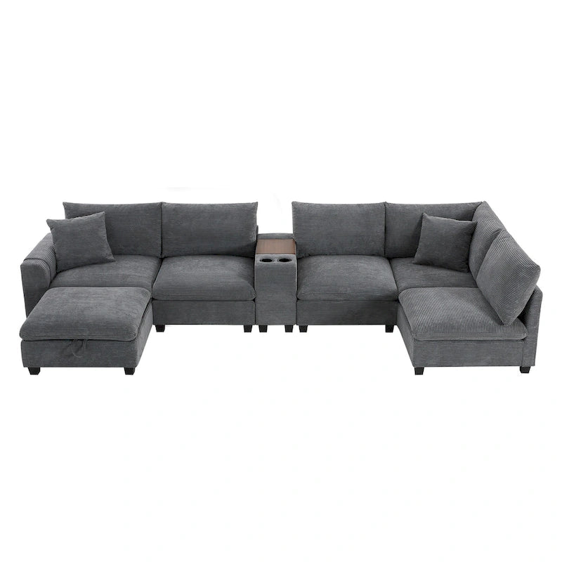 Divano a U in ciniglia con pouf, console, portabicchieri, seduta ampia, USB