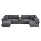 Divano a U in ciniglia con pouf, console, portabicchieri, seduta ampia, USB