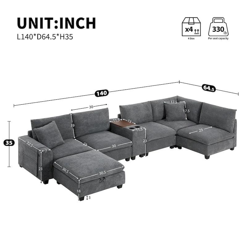 Divano a U in ciniglia con pouf, console, portabicchieri, seduta ampia, USB