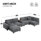 Divano a U in ciniglia con pouf, console, portabicchieri, seduta ampia, USB