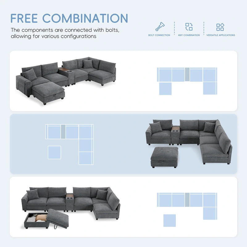Divano a U in ciniglia con pouf, console, portabicchieri, seduta ampia, USB