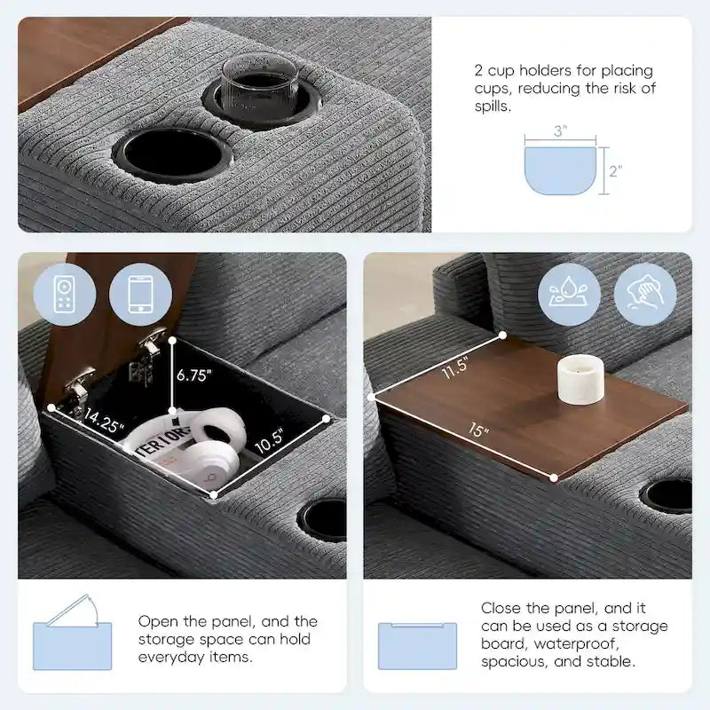 Divano a U in ciniglia con pouf, console, portabicchieri, seduta ampia, USB