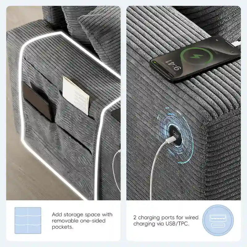 Divano a U in ciniglia con pouf, console, portabicchieri, seduta ampia, USB