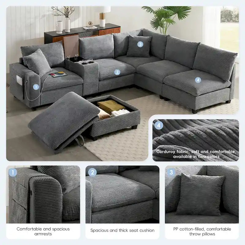 Divano a U in ciniglia con pouf, console, portabicchieri, seduta ampia, USB