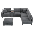 Divano a U in ciniglia con pouf, console, portabicchieri, seduta ampia, USB