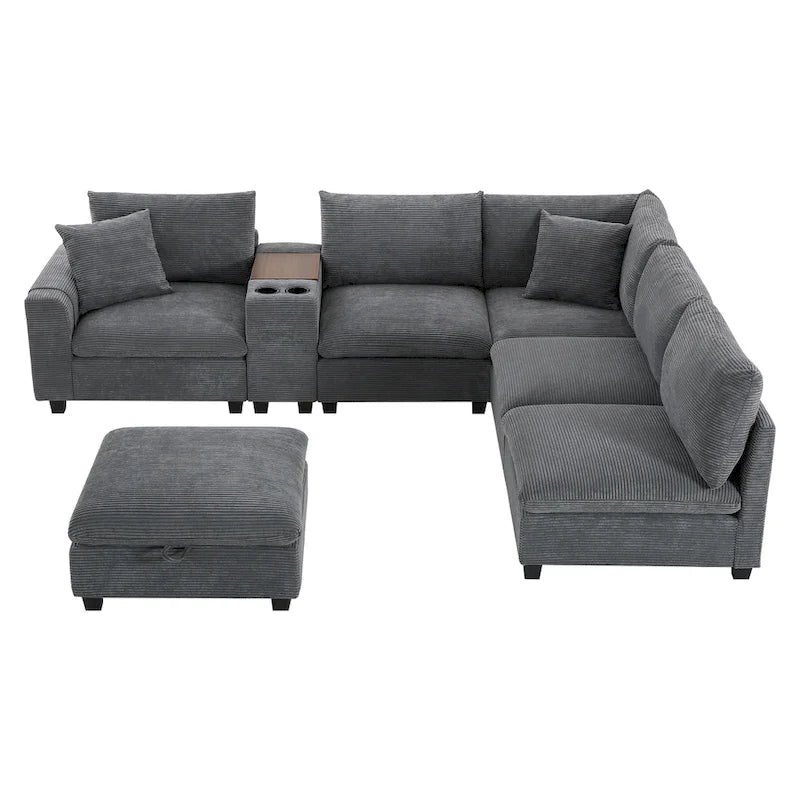 Divano a U in ciniglia con pouf, console, portabicchieri, seduta ampia, USB