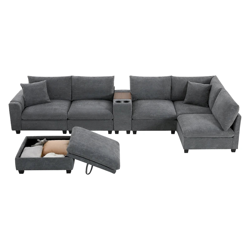 Divano a U in ciniglia con pouf, console, portabicchieri, seduta ampia, USB