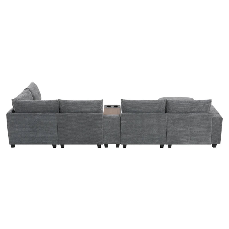 Divano a U in ciniglia con pouf, console, portabicchieri, seduta ampia, USB