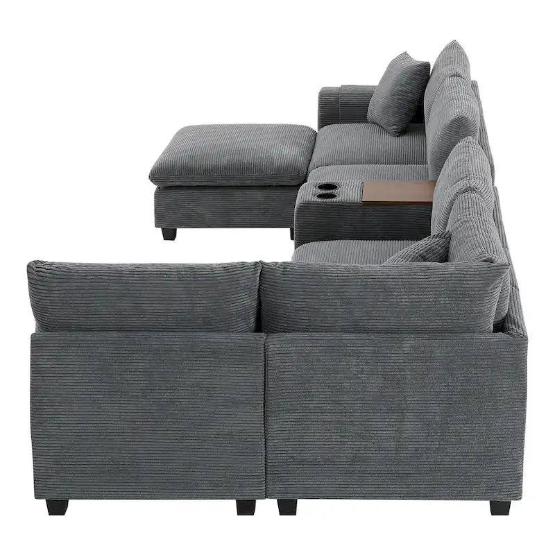 Divano a U in ciniglia con pouf, console, portabicchieri, seduta ampia, USB