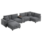 Divano a U in ciniglia con pouf, console, portabicchieri, seduta ampia, USB