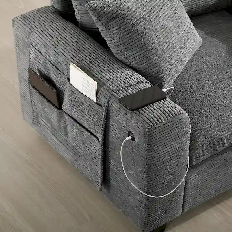Divano a U in ciniglia con pouf, console, portabicchieri, seduta ampia, USB