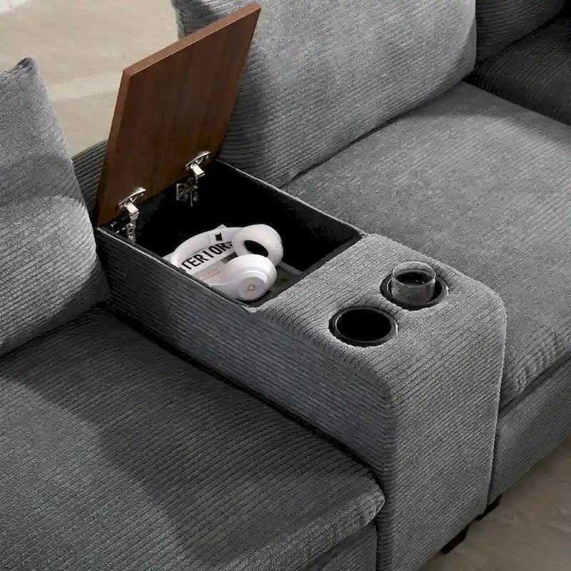 Divano a U in ciniglia con pouf, console, portabicchieri, seduta ampia, USB