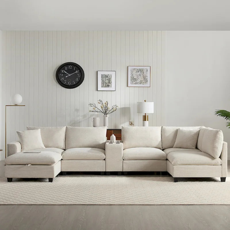Divano a U in ciniglia con pouf, console, portabicchieri, seduta ampia, USB