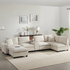 Divano a U in ciniglia con pouf, console, portabicchieri, seduta ampia, USB