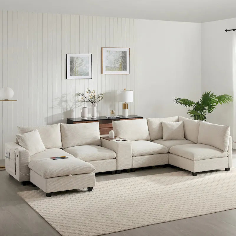Divano a U in ciniglia con pouf, console, portabicchieri, seduta ampia, USB