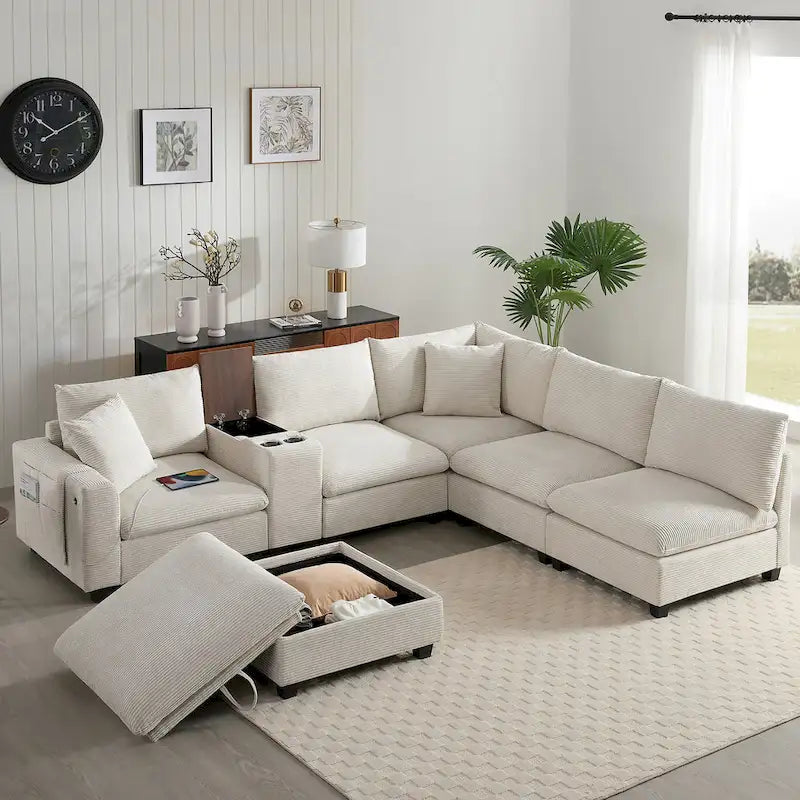 Divano a U in ciniglia con pouf, console, portabicchieri, seduta ampia, USB