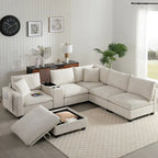 Divano a U in ciniglia con pouf, console, portabicchieri, seduta ampia, USB