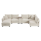 Divano a U in ciniglia con pouf, console, portabicchieri, seduta ampia, USB