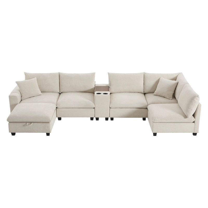 Divano a U in ciniglia con pouf, console, portabicchieri, seduta ampia, USB