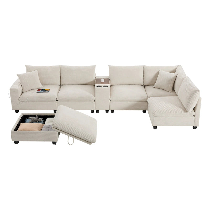 Divano a U in ciniglia con pouf, console, portabicchieri, seduta ampia, USB