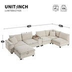 Divano a U in ciniglia con pouf, console, portabicchieri, seduta ampia, USB
