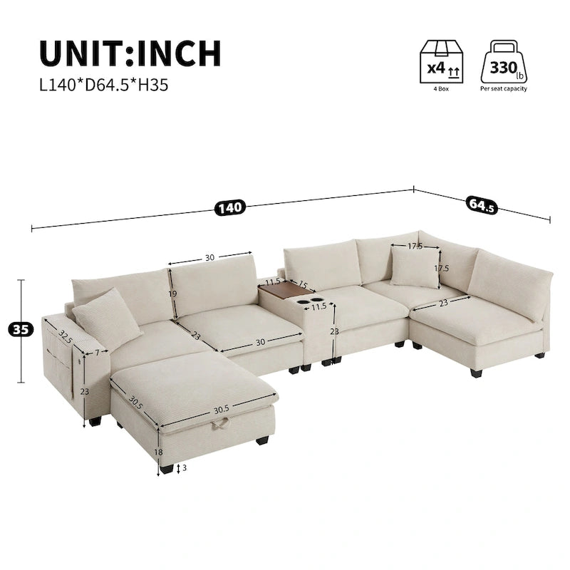 Divano a U in ciniglia con pouf, console, portabicchieri, seduta ampia, USB