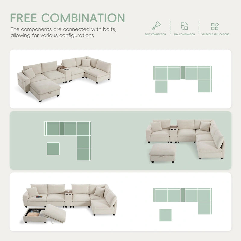 Divano a U in ciniglia con pouf, console, portabicchieri, seduta ampia, USB