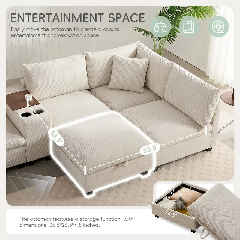 Divano a U in ciniglia con pouf, console, portabicchieri, seduta ampia, USB