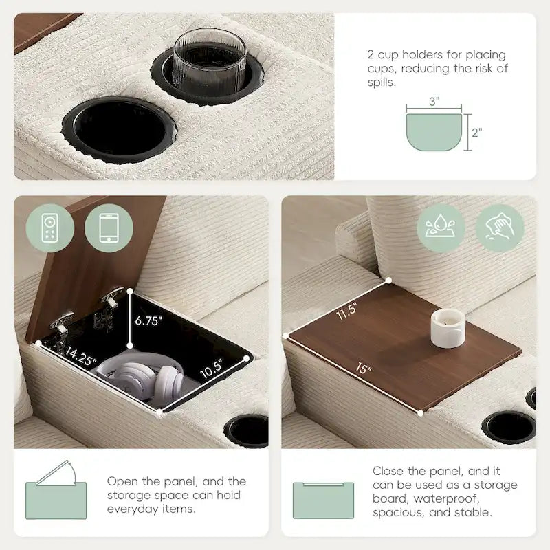 Divano a U in ciniglia con pouf, console, portabicchieri, seduta ampia, USB