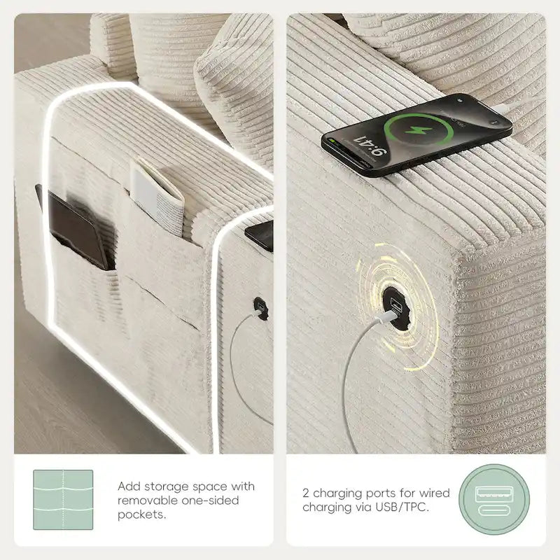 Divano a U in ciniglia con pouf, console, portabicchieri, seduta ampia, USB