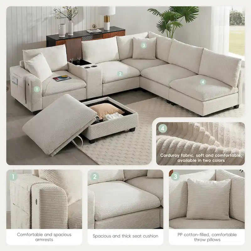Divano a U in ciniglia con pouf, console, portabicchieri, seduta ampia, USB