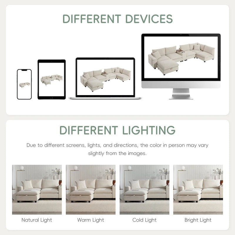Divano a U in ciniglia con pouf, console, portabicchieri, seduta ampia, USB