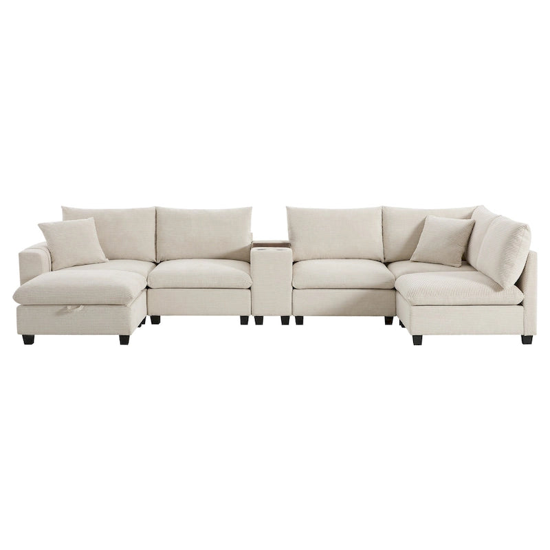 Divano a U in ciniglia con pouf, console, portabicchieri, seduta ampia, USB