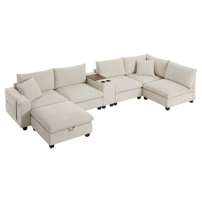 Divano a U in ciniglia con pouf, console, portabicchieri, seduta ampia, USB