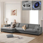 Divano Sezionale Angolare a L in Velluto a Coste con USB, Chaise longue e Portabicchieri