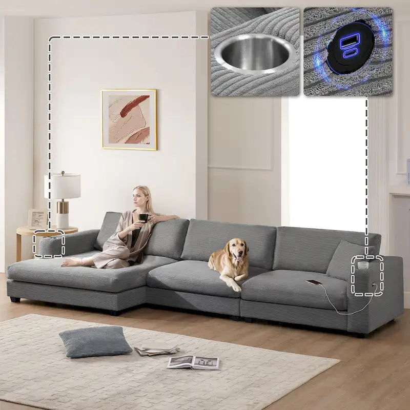 Divano Sezionale Angolare a L in Velluto a Coste con USB, Chaise longue e Portabicchieri