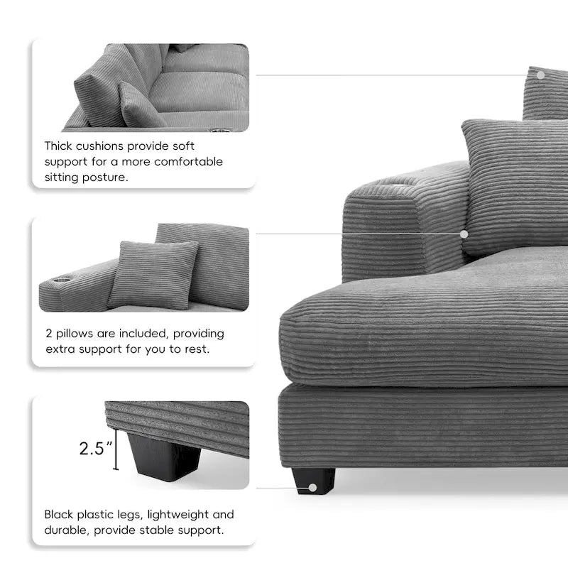 Divano Sezionale Angolare a L in Velluto a Coste con USB, Chaise longue e Portabicchieri