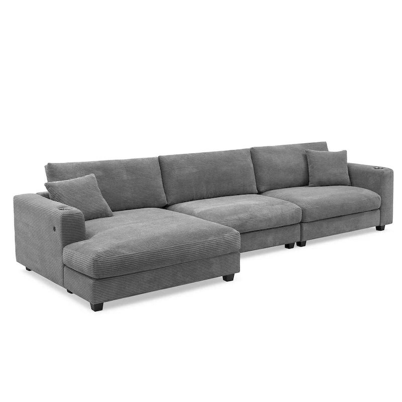 Divano Sezionale Angolare a L in Velluto a Coste con USB, Chaise longue e Portabicchieri