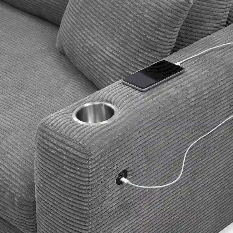 Divano Sezionale Angolare a L in Velluto a Coste con USB, Chaise longue e Portabicchieri