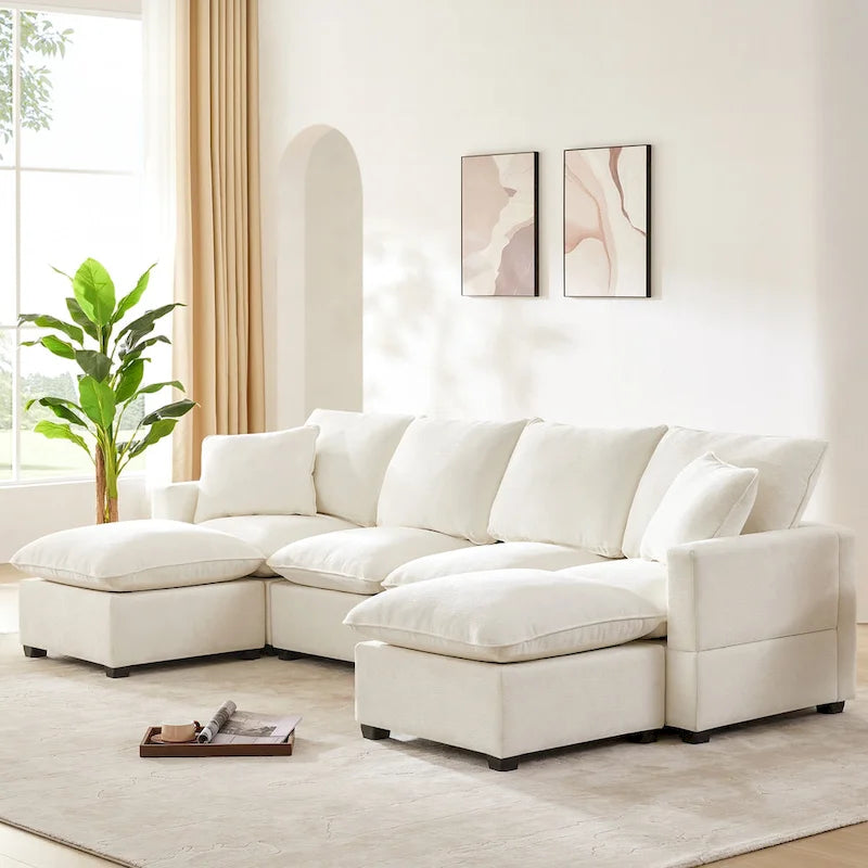 U Shape Modular Sofa, 6 Seat Chenille Deep Seat Sectional Couch
