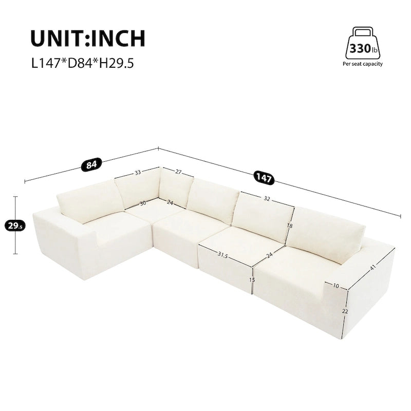 Canapé modulable 147, canapé d'angle avec assise large, combinaison libre