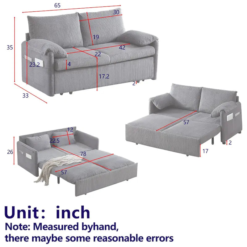 Divano Loveseat da 164 cm con Letto Estraibile, Divano Letto Convertibile in Velluto a Coste