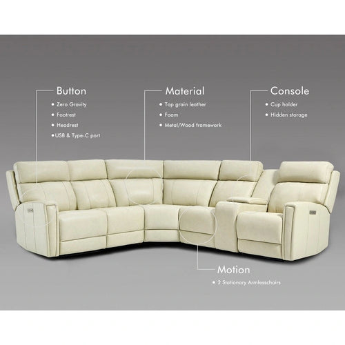 Canapé d'angle électrique 6 places en cuir véritable 104 L et fauteuil inclinable 39 L avec zéro gravité, ports USB, 2 fauteuils fixes sans accoudoirs