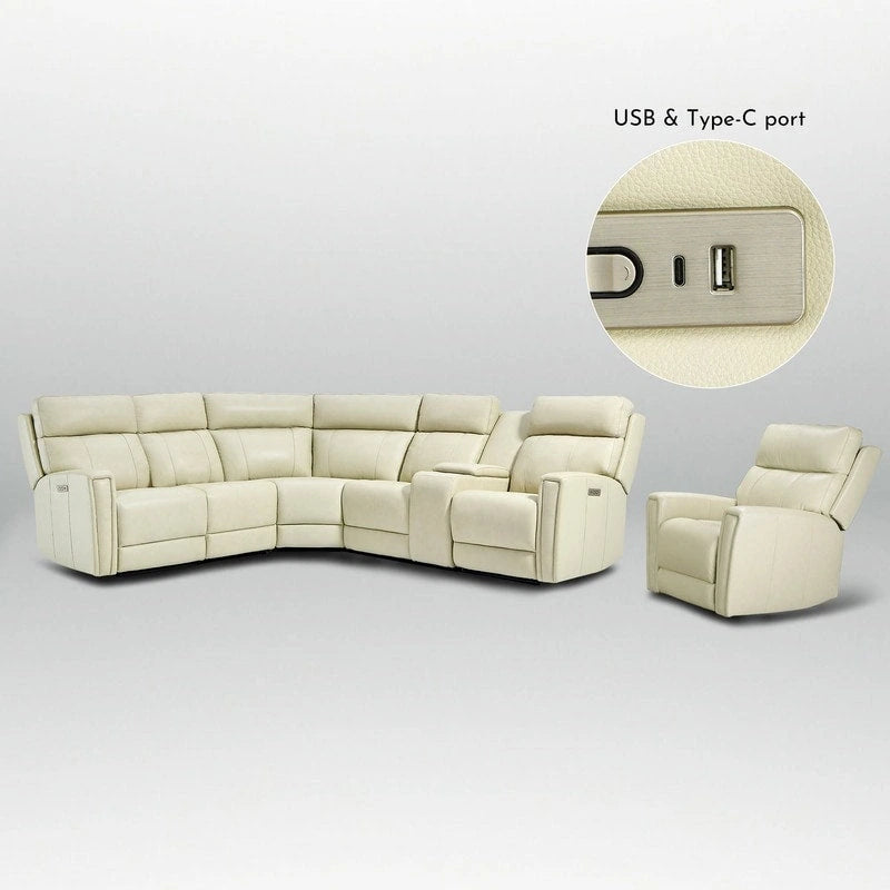 Canapé d'angle électrique 6 places en cuir véritable 104 L et fauteuil inclinable 39 L avec zéro gravité, ports USB, 2 fauteuils fixes sans accoudoirs