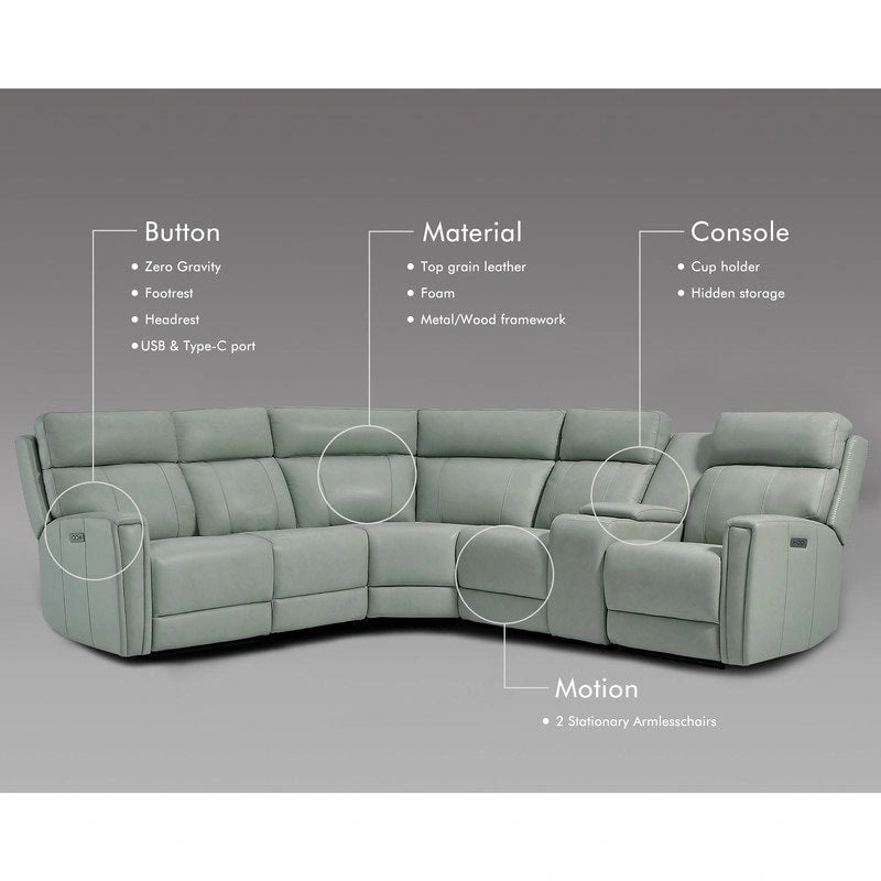 Canapé d'angle électrique 6 places en cuir véritable 104 L et fauteuil inclinable 39 L avec zéro gravité, ports USB, 2 fauteuils fixes sans accoudoirs