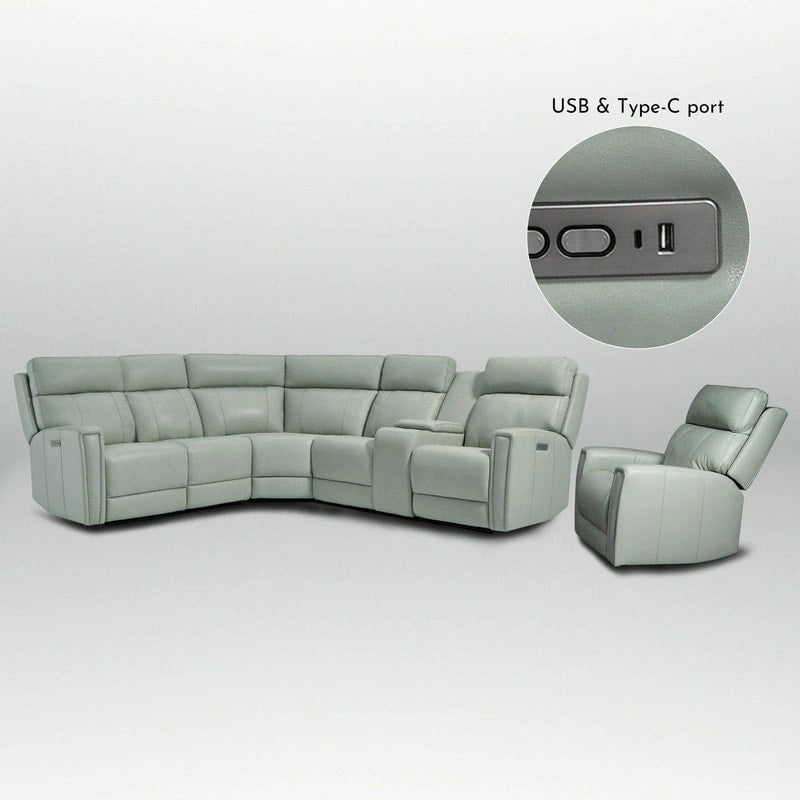 Canapé d'angle électrique 6 places en cuir véritable 104 L et fauteuil inclinable 39 L avec zéro gravité, ports USB, 2 fauteuils fixes sans accoudoirs
