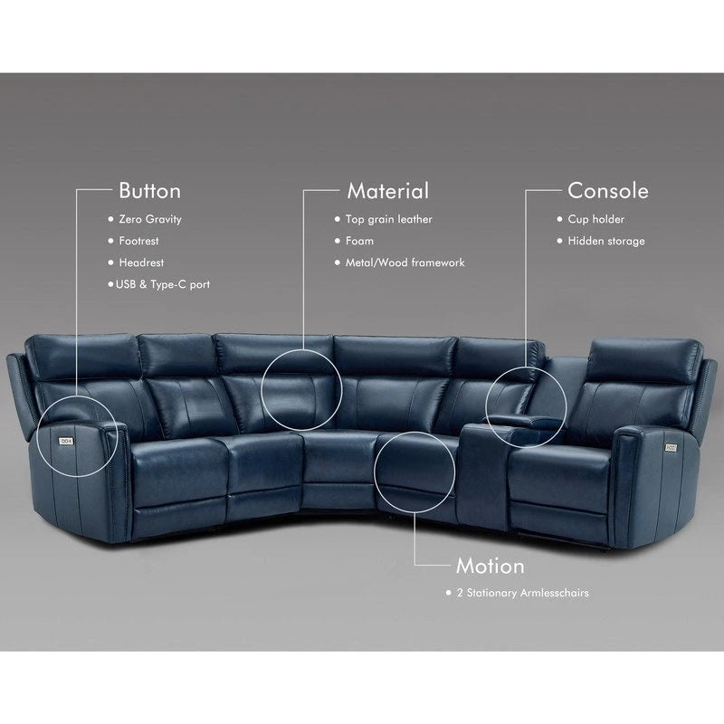 Canapé d'angle électrique 6 places en cuir véritable 104 L et fauteuil inclinable 39 L avec zéro gravité, ports USB, 2 fauteuils fixes sans accoudoirs