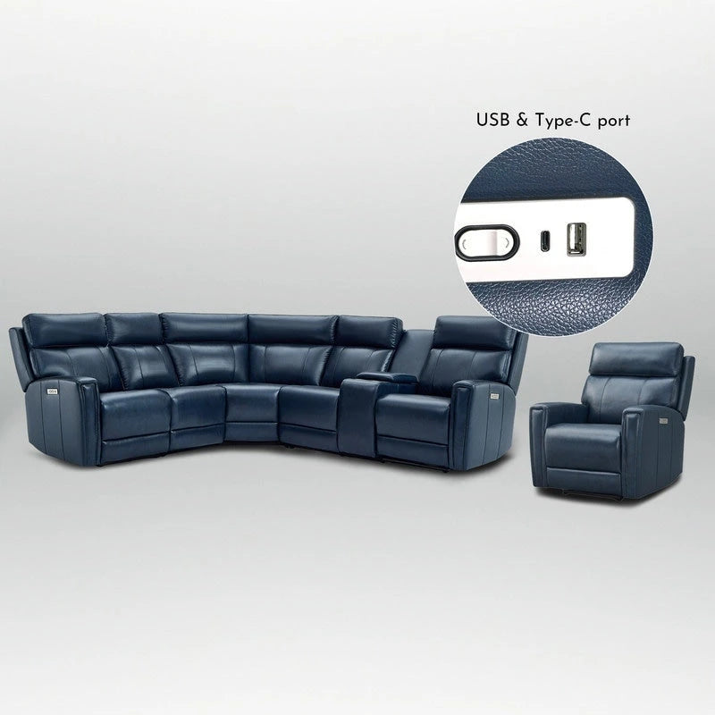 Canapé d'angle électrique 6 places en cuir véritable 104 L et fauteuil inclinable 39 L avec zéro gravité, ports USB, 2 fauteuils fixes sans accoudoirs