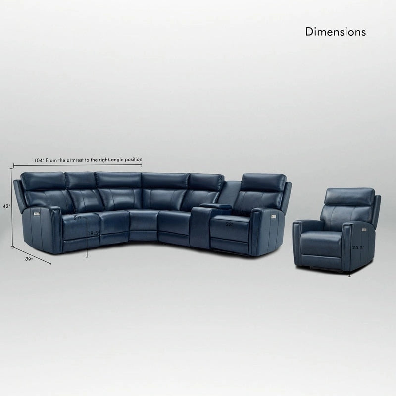 Canapé d'angle électrique 6 places en cuir véritable 104 L et fauteuil inclinable 39 L avec zéro gravité, ports USB, 2 fauteuils fixes sans accoudoirs