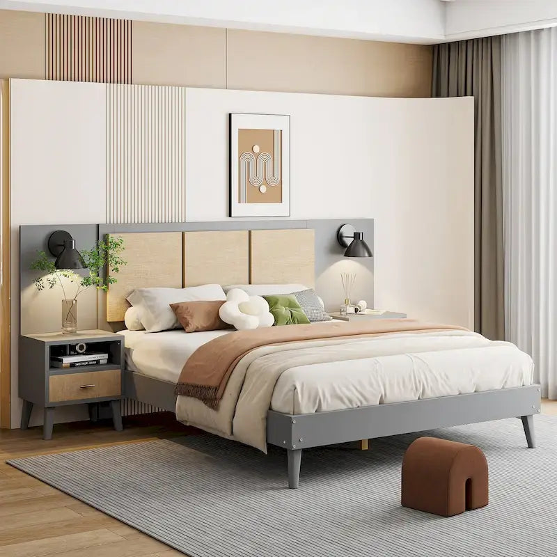 Letto a piattaforma in legno massiccio matrimoniale con comodini e lampade da testiera integrati